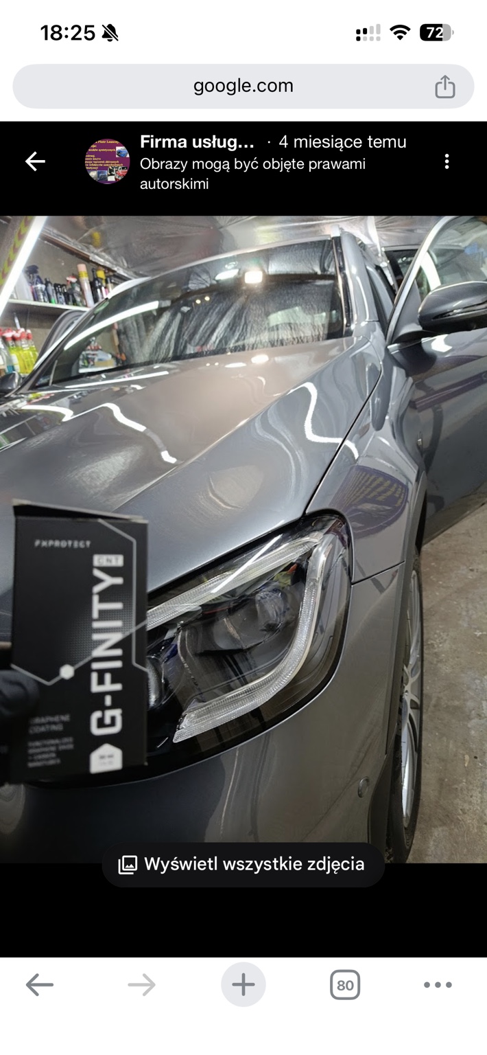 Lakier i reflektor samochodu Mercedes na stanowisku pracy, obok opakowanie powłoki